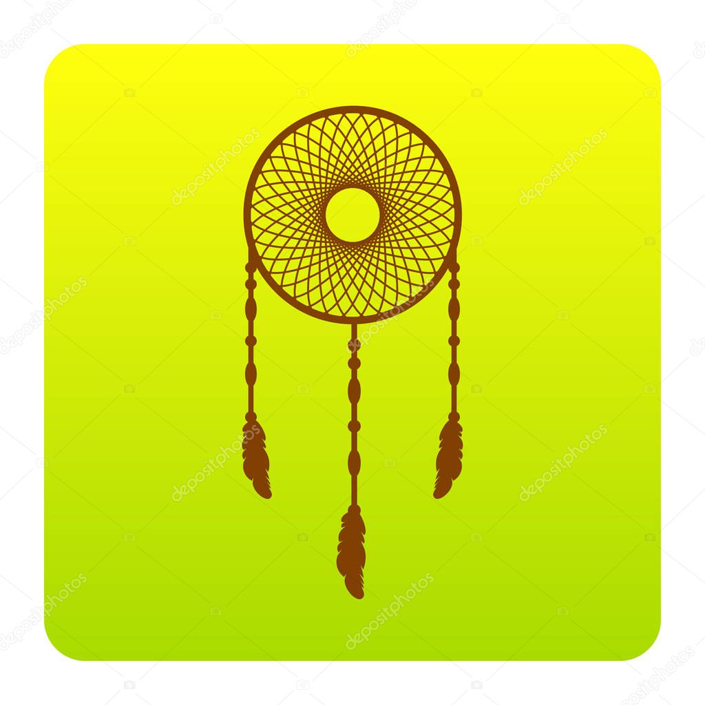Dream catcher sign. Vector. Brown icon at green-yellow gradient square with rounded corners on white background. Isolated.