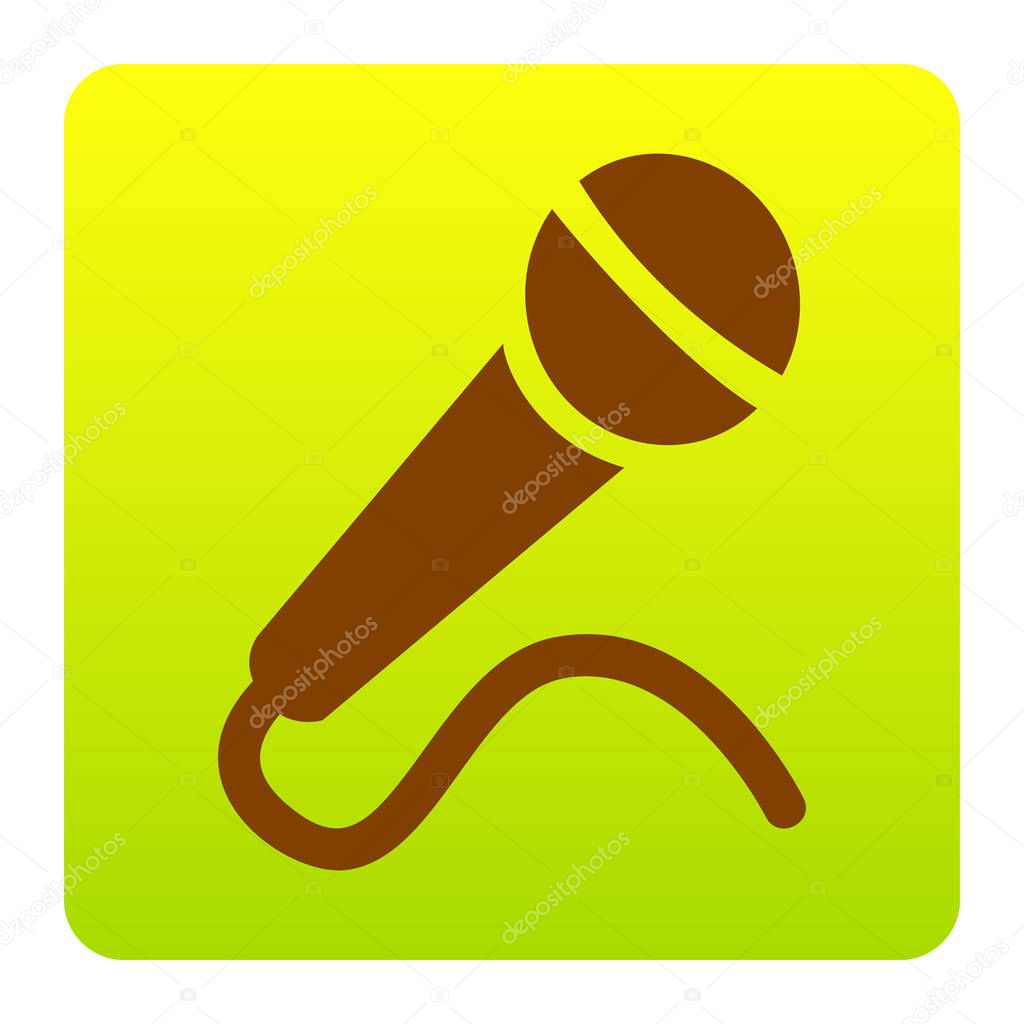 Microphone sign illustration. Vector. Brown icon at green-yellow gradient square with rounded corners on white background. Isolated.