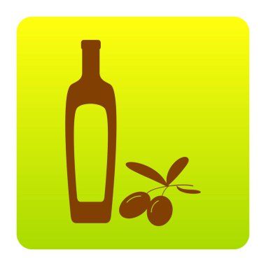 Siyah Zeytin dalı zeytinyağı şişesi işareti ile. Vektör. Kahverengi simgesi yeşil-sarı beyaz arka plan köşeleri yuvarlatılmış degrade Meydanı'nda. İzole.