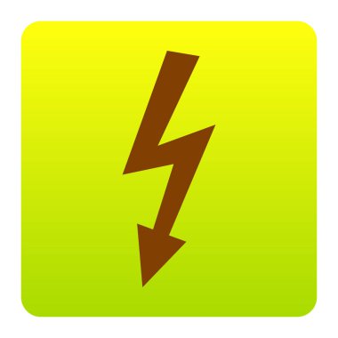 Yüksek gerilim tehlike işareti. Vektör. Kahverengi simgesi yeşil-sarı beyaz arka plan köşeleri yuvarlatılmış degrade Meydanı'nda. İzole.