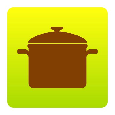 Pişirme Pan işareti. Vektör. Kahverengi simgesi yeşil-sarı beyaz arka plan köşeleri yuvarlatılmış degrade Meydanı'nda. İzole.