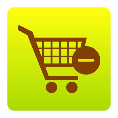 Alışveriş sepeti Kaldır işareti ile vektör. Vektör. Kahverengi simgesi yeşil-sarı beyaz arka plan köşeleri yuvarlatılmış degrade Meydanı'nda. İzole.