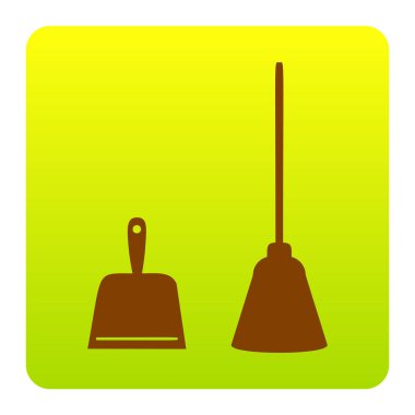 Faraş vektör işareti. Çöp ev işi faraş ekipman temizleme için Kepçe. Vektör. Kahverengi simgesi yeşil-sarı beyaz arka plan köşeleri yuvarlatılmış degrade Meydanı'nda. İzole.