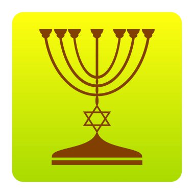 Siyah siluet Yahudi Menorah şamdan. Vektör. Kahverengi simgesi yeşil-sarı beyaz arka plan köşeleri yuvarlatılmış degrade Meydanı'nda. İzole.