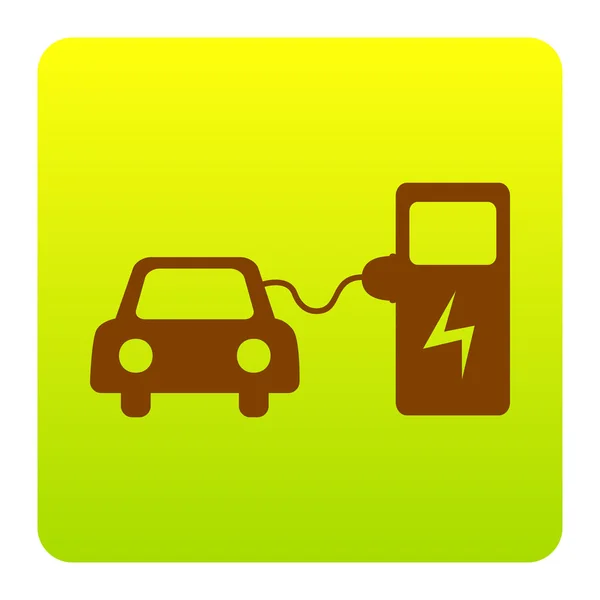 Cartel de carga de batería de coche eléctrico. Vector. Icono marrón en el cuadrado de degradado verde-amarillo con esquinas redondeadas sobre fondo blanco. Aislado . — Vector de stock