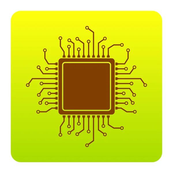 Mikroprocesor CPU ilustrace. Vektor. Hnědý ikona na zeleno žlutá přechodu čtverec se zaoblenými rohy na bílém pozadí. Izolovaný. — Stockový vektor