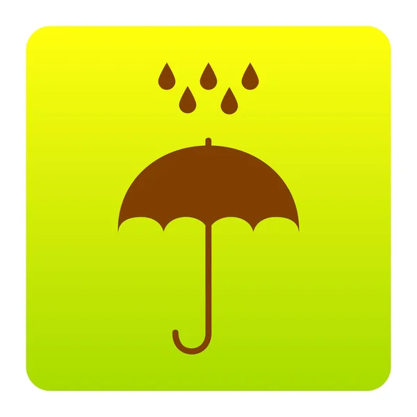 Зонтик с капельками воды. Символ защиты от дождя. Плоский стиль дизайна. Вектор. Коричневый значок на зелено-желтом градиентном квадрате с закругленными углами на белом фоне. Isolated . — стоковый вектор