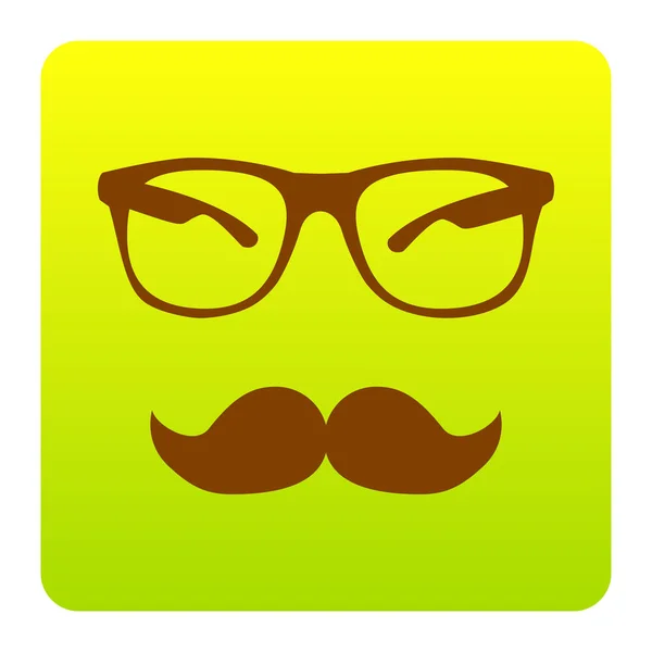 Señal de bigote y gafas. Vector. Icono marrón en el cuadrado de degradado verde-amarillo con esquinas redondeadas sobre fondo blanco. Aislado . — Archivo Imágenes Vectoriales