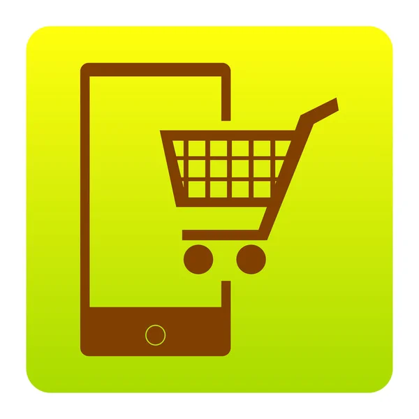 Shopping on smart phone sign. Vector. Brown icon at green-yellow gradient square with rounded corners on white background. Isolated. — Stock Vector