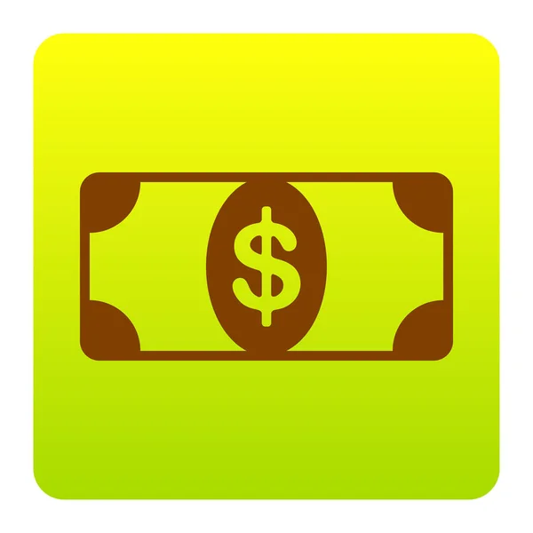 Знак доларної банкноти. Вектор. Коричнева ікона на зелено-жовтій градієнтній площі з закругленими кутами на білому тлі. Ізольовані . — стоковий вектор