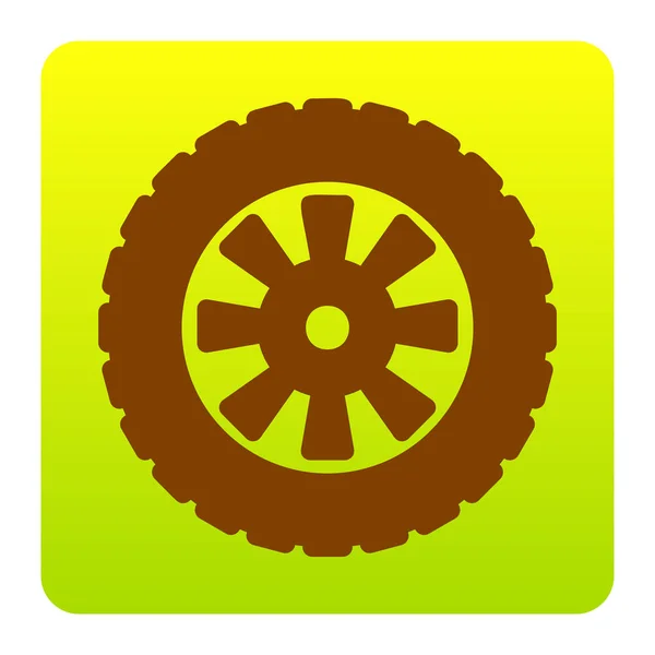 Señal de neumático. Vector. Icono marrón en el cuadrado de degradado verde-amarillo con esquinas redondeadas sobre fondo blanco. Aislado . — Vector de stock