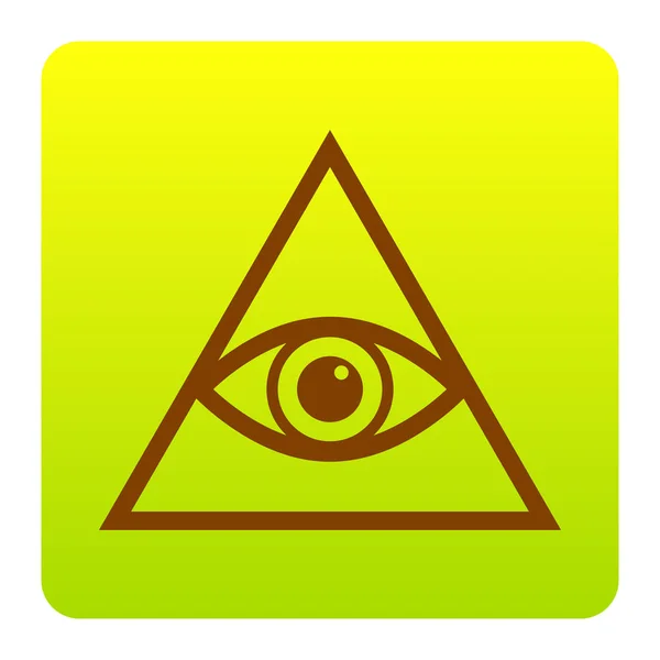 All seeing eye pyramid symbol. Freemason and spiritual. Vector. Brown icon at green-yellow gradient square with rounded corners on white background. Isolated. — Stock Vector