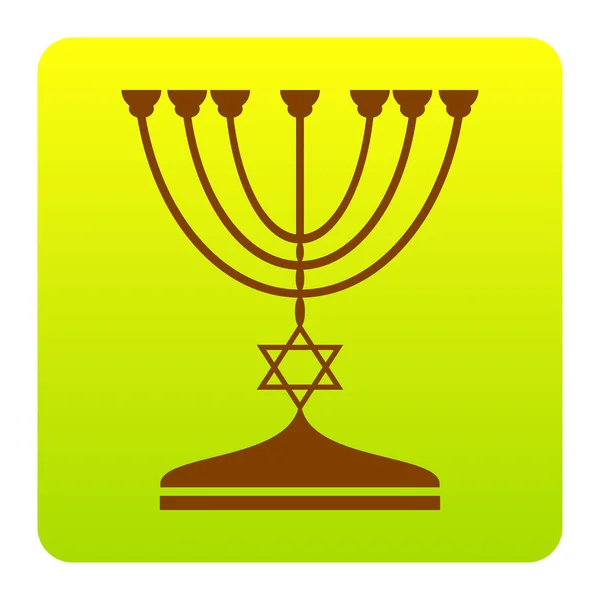 Jewish Menorah candlestick in black silhouette. Vector. Brown icon at green-yellow gradient square with rounded corners on white background. Isolated. — Stock Vector