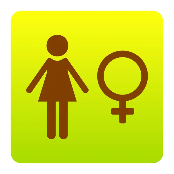 Illustration de signe féminin. Vecteur. Icône marron au carré dégradé vert-jaune avec des coins arrondis sur fond blanc. Isolé . — Image vectorielle