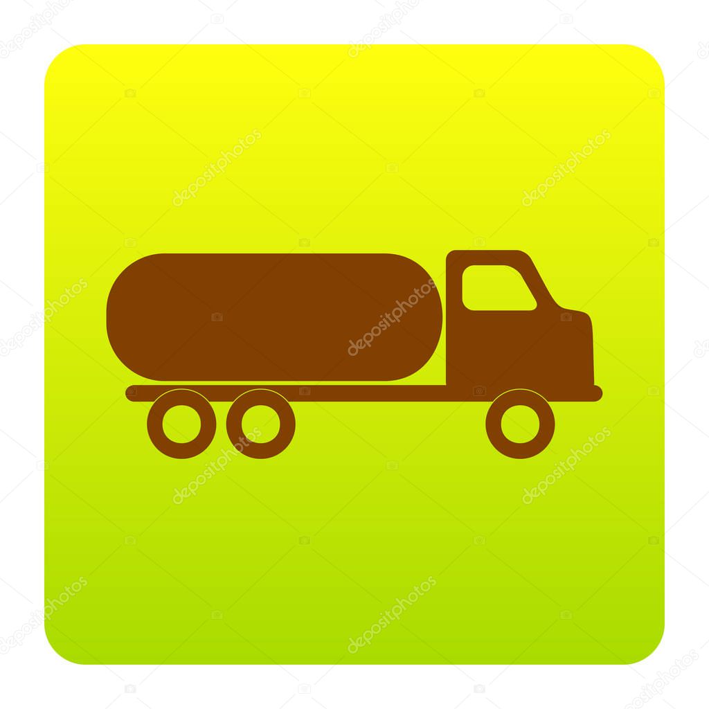 Car transports sign. Vector. Brown icon at green-yellow gradient square with rounded corners on white background. Isolated.
