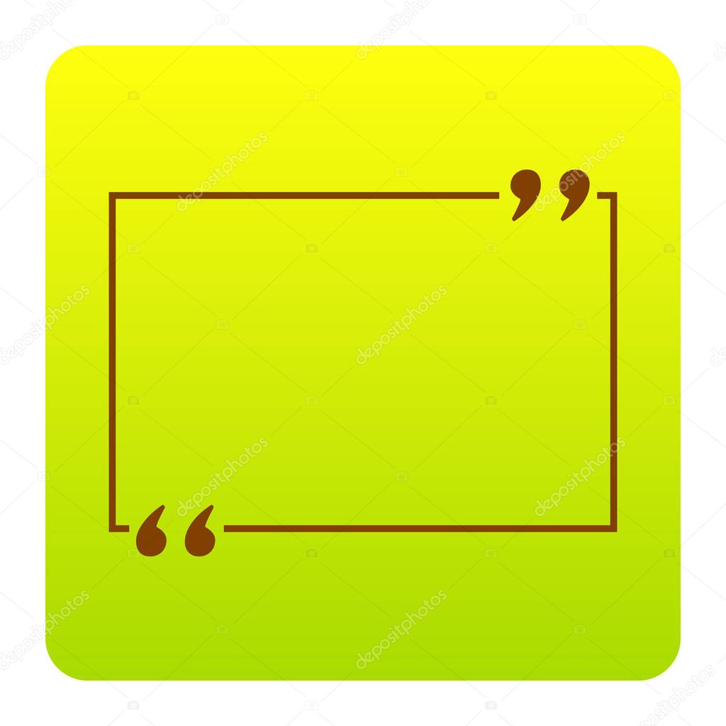 Text quote sign. Vector. Brown icon at green-yellow gradient square with rounded corners on white background. Isolated.