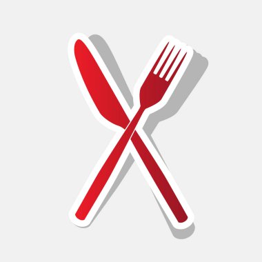 Çatal ve bıçak oturum açın. Vektör. Açık gri renkli dış kontur ve gri gölge ile yeni yıl kırmızımsı simgesi.