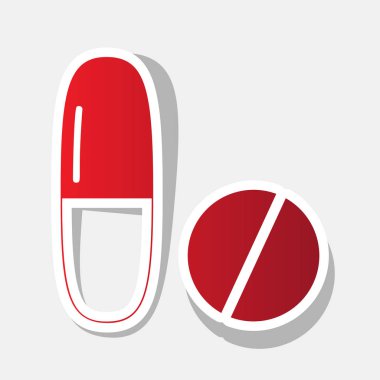 Tıbbi hapları işareti. Vektör. Açık gri renkli dış kontur ve gri gölge ile yeni yıl kırmızımsı simgesi.