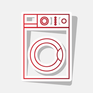 Çamaşır makinesi işareti. Vektör. Açık gri renkli dış kontur ve gri gölge ile yeni yıl kırmızımsı simgesi.