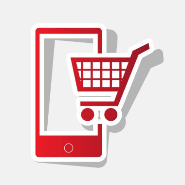 Akıllı telefon tabelada alışveriş. Vektör. Açık gri renkli dış kontur ve gri gölge ile yeni yıl kırmızımsı simgesi.