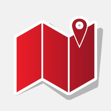 Harita üzerinde toplu iğne. Vektör. Açık gri renkli dış kontur ve gri gölge ile yeni yıl kırmızımsı simgesi.