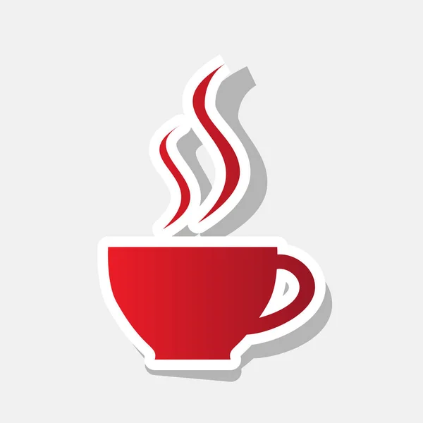 Une tasse de café. Vecteur. Icône rougeâtre nouvelle année avec trait extérieur et ombre grise sur fond gris clair . — Image vectorielle