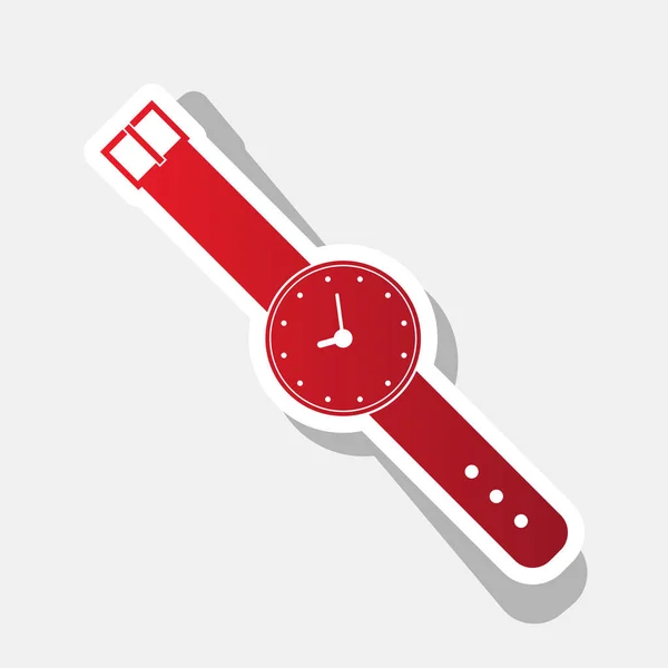 Signo de reloj ilustración. Vector. Año nuevo icono rojizo con trazo exterior y sombra gris sobre fondo gris claro . — Archivo Imágenes Vectoriales