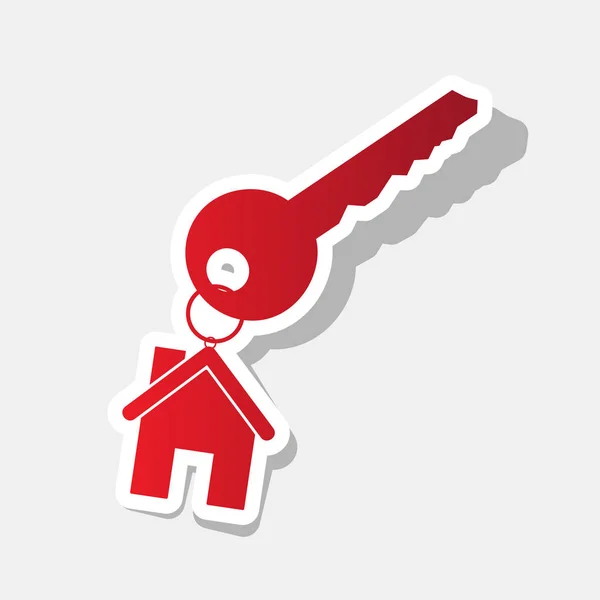 Key with keychain as an house sign. Vector. New year reddish icon with outside stroke and gray shadow on light gray background. — Stock Vector