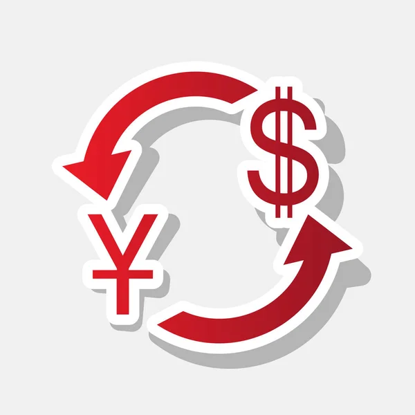 货币汇率的标志。中国人民币和美国美元。矢量。新的一年带红色图标与外部的中风和灰色阴影，浅灰色的背景上. — 图库矢量图片