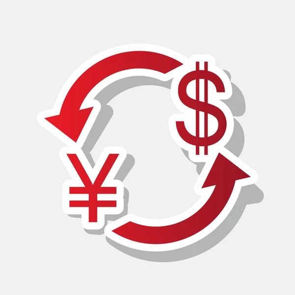 Valutaväxling, sign. Japan Yen och oss Dollar. Vektor. Nya året rödaktig ikonen med utanför stroke och grå skugga på grå bakgrund. — Stock vektor