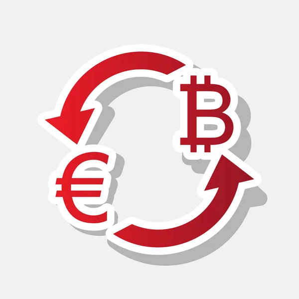 Signe de change. Euro et Bitkoin. Vecteur. Icône rougeâtre nouvelle année avec trait extérieur et ombre grise sur fond gris clair . — Image vectorielle