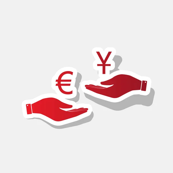 Change de devises de main en main. Euro et Yuan. Vecteur. Icône rougeâtre nouvelle année avec trait extérieur et ombre grise sur fond gris clair . — Image vectorielle
