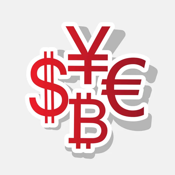 Valuta logga samling dollar, yen, euro, bitcoin. Vektor. Nya året rödaktig ikonen med utanför stroke och grå skugga på grå bakgrund. — Stock vektor