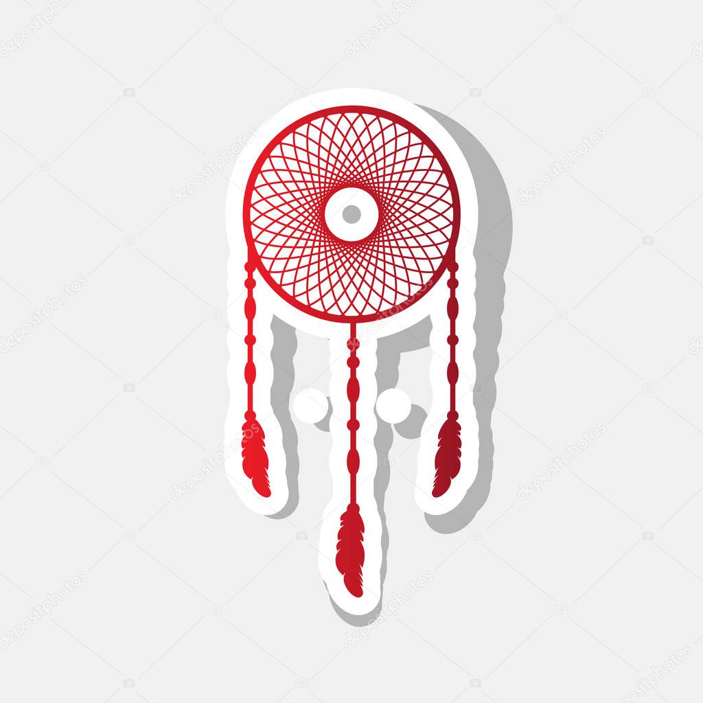 Dream catcher sign. Vector. New year reddish icon with outside stroke and gray shadow on light gray background.