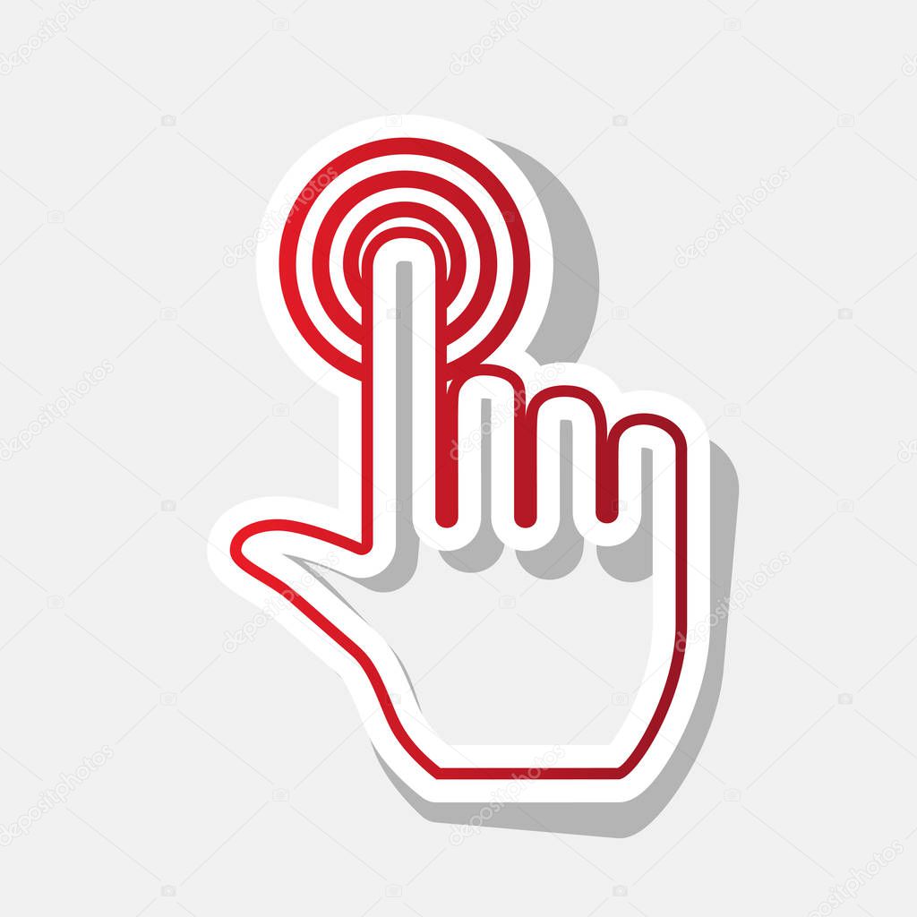 Hand click on button. Vector. New year reddish icon with outside stroke and gray shadow on light gray background.