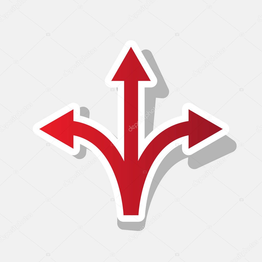 Three-way direction arrow sign. Vector. New year reddish icon with outside stroke and gray shadow on light gray background.