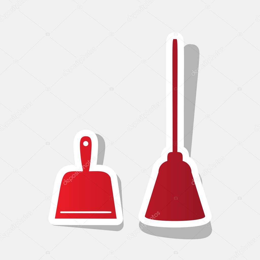 Dustpan vector sign. Scoop for cleaning garbage housework dustpan equipment. Vector. New year reddish icon with outside stroke and gray shadow on light gray background.