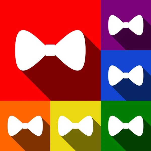 Icona cravatta di prua. Vettore. Set di icone con ombre piatte su sfondo rosso, arancione, giallo, verde, blu e viola . — Vettoriale Stock