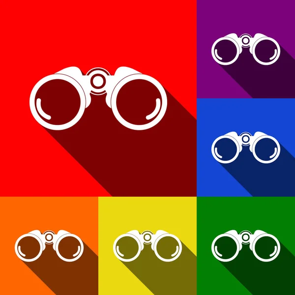 Binokulär tecken illustration. Vektor. Uppsättning ikoner med platt skuggor i röd, orange, gul, grön, blå och lila bakgrund. — Stock vektor