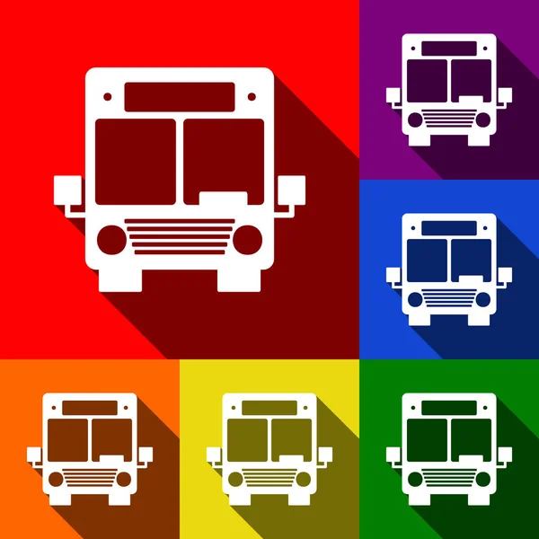 Bus teken illustratie. Vector. Set van pictogrammen met platte schaduwen op de rode, oranje, geel, groen, blauw en violet achtergrond. — Stockvector
