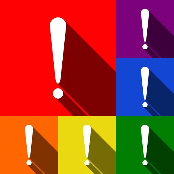 Pozornost znamení ilustrace. Vektor. Sada ikon s ploché stíny v červené, oranžové, žluté, zelené, modré a fialové pozadí. — Stockový vektor
