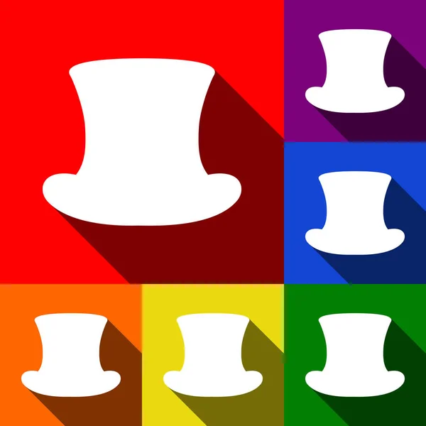 Señal de sombrero de copa. Vector. Conjunto de iconos con sombras planas en fondo rojo, naranja, amarillo, verde, azul y violeta . — Vector de stock