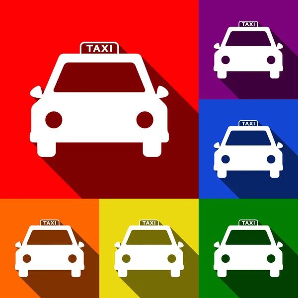 Ilustración de señal de taxi. Vector. Conjunto de iconos con sombras planas en fondo rojo, naranja, amarillo, verde, azul y violeta . — Vector de stock