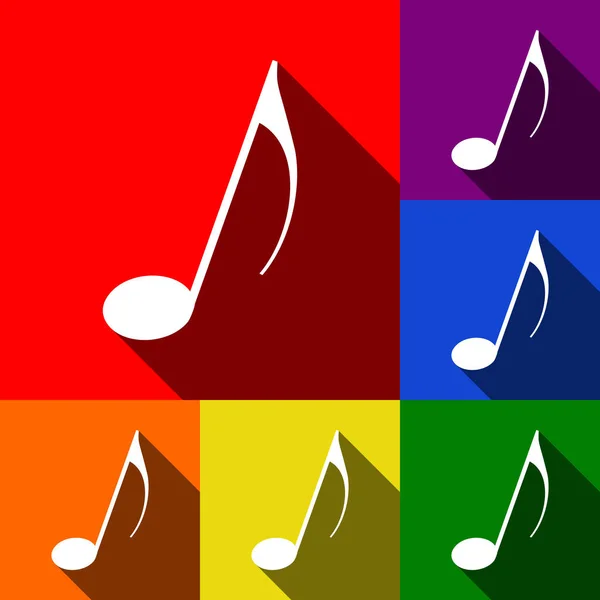 Signo de nota musical. Vector. Conjunto de iconos con sombras planas en fondo rojo, naranja, amarillo, verde, azul y violeta . — Archivo Imágenes Vectoriales