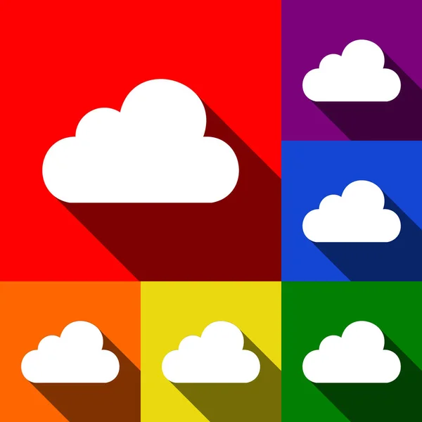 구름 표시 그림입니다. 벡터입니다. 빨강, 오렌지, 노랑, 녹색, 파란색, 보라색 배경에서 평면 그림자와 아이콘의 집합. — 스톡 벡터