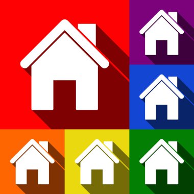 Ev siluet çizimi. Vektör. Kırmızı, turuncu, sarı, yeşil, mavi ve mor arka plan, düz gölgeler ile simgeler kümesi.