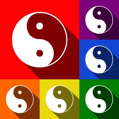 Ying yang sembolü uyum ve denge. Vektör. Kırmızı, turuncu, sarı, yeşil, mavi ve mor arka plan, düz gölgeler ile simgeler kümesi.