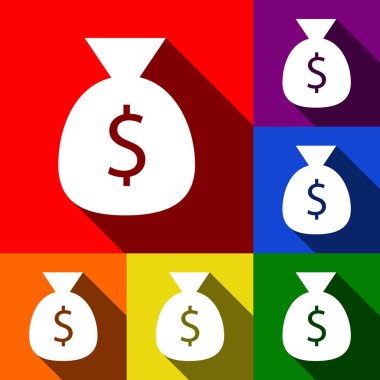 Para çantası işareti illüstrasyon. Vektör. Kırmızı, turuncu, sarı, yeşil, mavi ve mor arka plan, düz gölgeler ile simgeler kümesi.