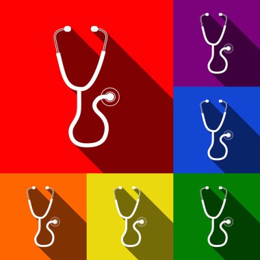 Stetoskop işareti illüstrasyon. Vektör. Kırmızı, turuncu, sarı, yeşil, mavi ve mor arka plan, düz gölgeler ile simgeler kümesi.