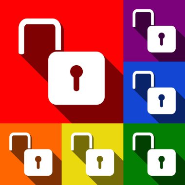 İşareti illüstrasyon kilidini. Vektör. Kırmızı, turuncu, sarı, yeşil, mavi ve mor arka plan, düz gölgeler ile simgeler kümesi.